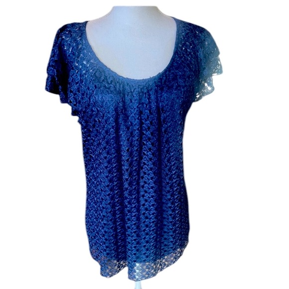 Roz and Ali ladies, blue lace, short sleeve blouse, fully lined excellent cond L - Picture 1 of 16